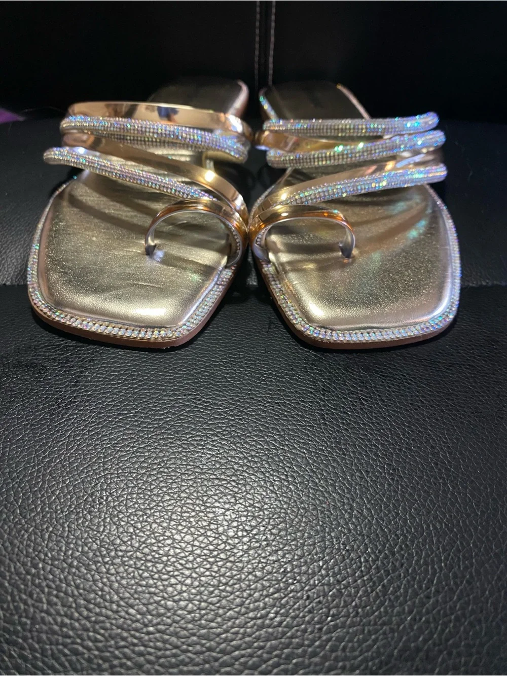 Bamboo Gold Metallic Strappy Slide Sandals with Rhinestones Size 9
